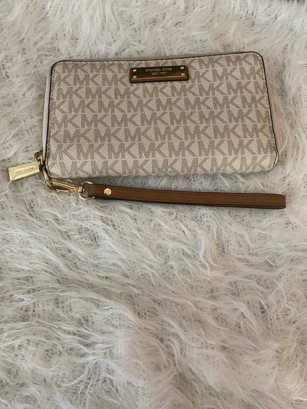 Michael Kors Beige Signature MK Wristlet with Brown Strap and Gold Hardware